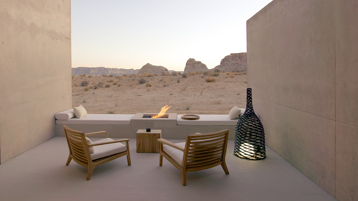 Modern outdoor hotel patio at Canyon Point, Utah, USA during early evening